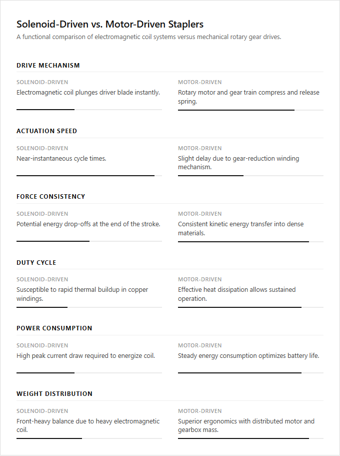 Infographic comparison Solenoid-Driven vs Motor-Driven Electric Staplers of Stapler power tool