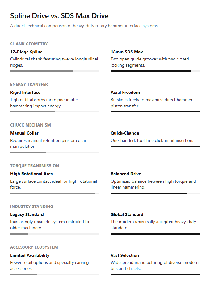 Infographic comparison Spline Drive vs SDS Max Drive of Concrete Tool power tool