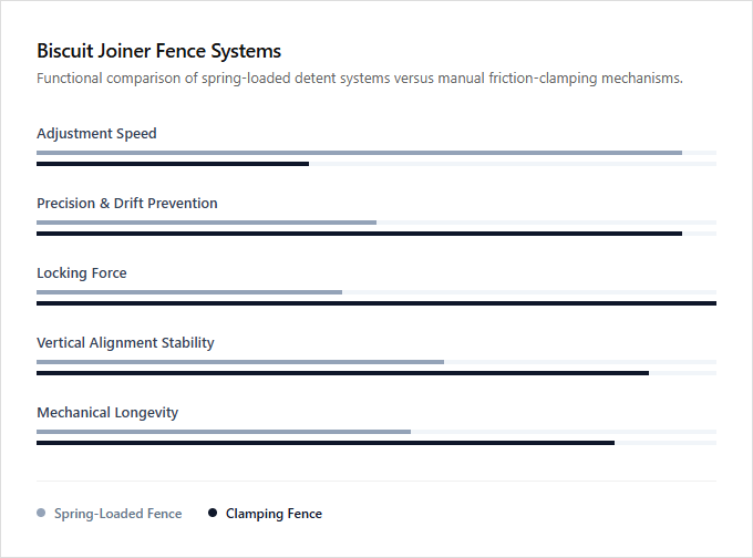 Infographic comparison Spring-Loaded Fence vs Clamping Fence System of Biscuit Joiner power tool