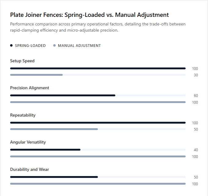 Infographic comparison Spring-Loaded Fence vs Manual Fence Adjustment of Plate Joiner power tool