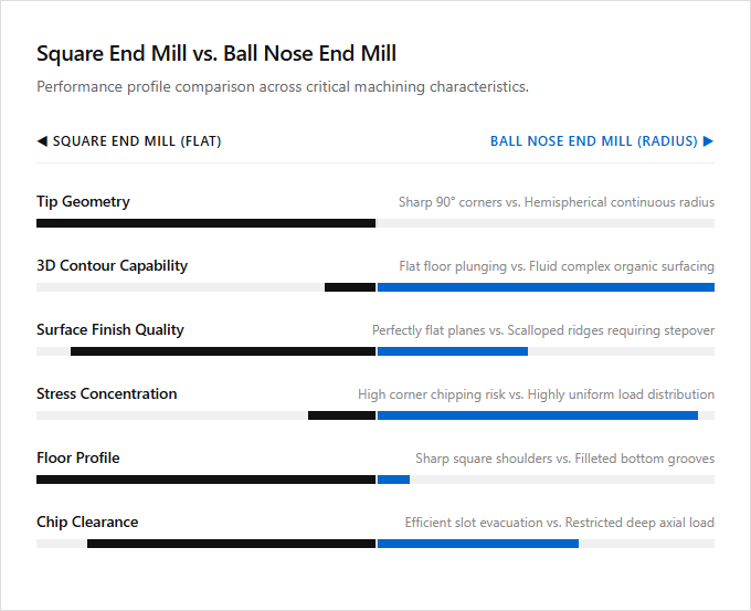 Infographic comparison Square End Mill vs Ball Nose End Mill of Milling Machine power tool