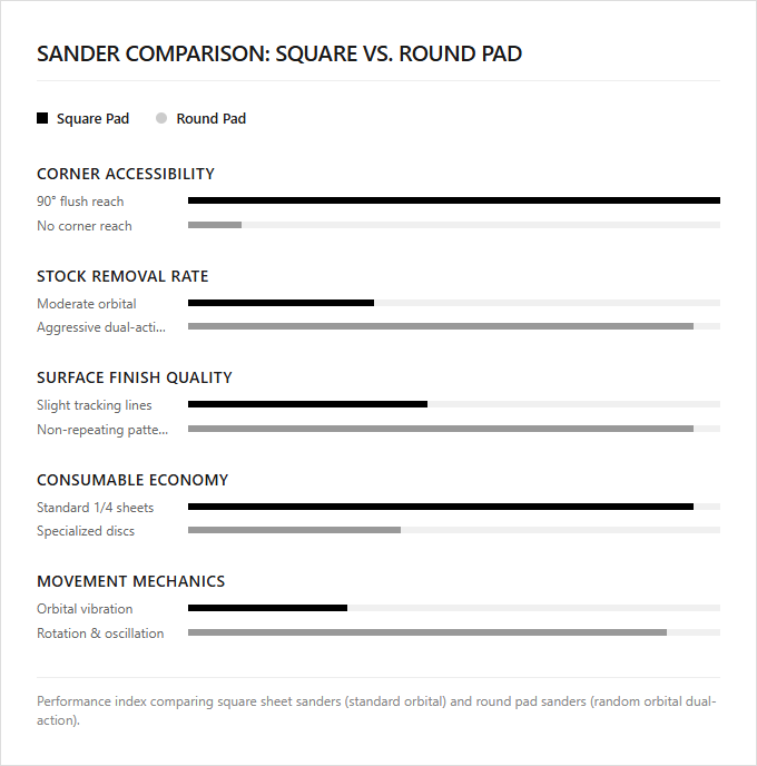 Infographic comparison Square Pad vs Round Pad Sander of Sander power tool