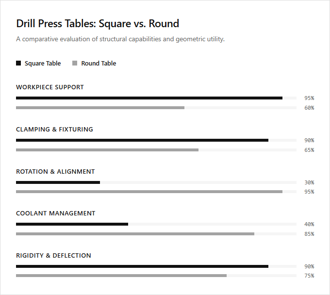 Infographic comparison Square Table vs Round Table of Drill Press power tool