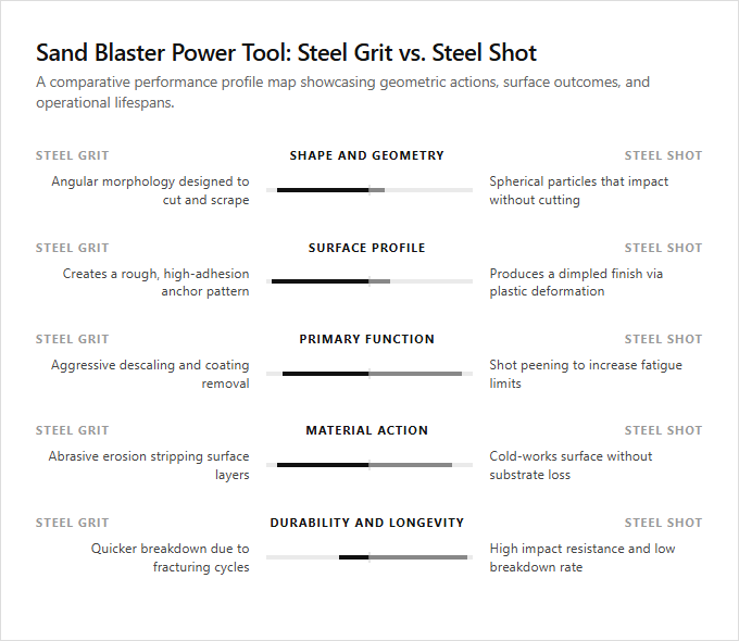 Infographic comparison Steel Grit vs Steel Shot of Sand Blaster power tool