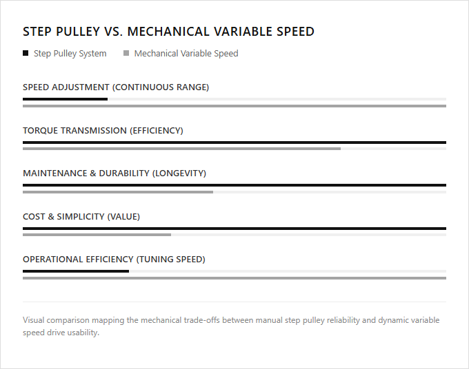 Infographic comparison Step Pulley vs Mechanical Variable Speed of Drill Press power tool