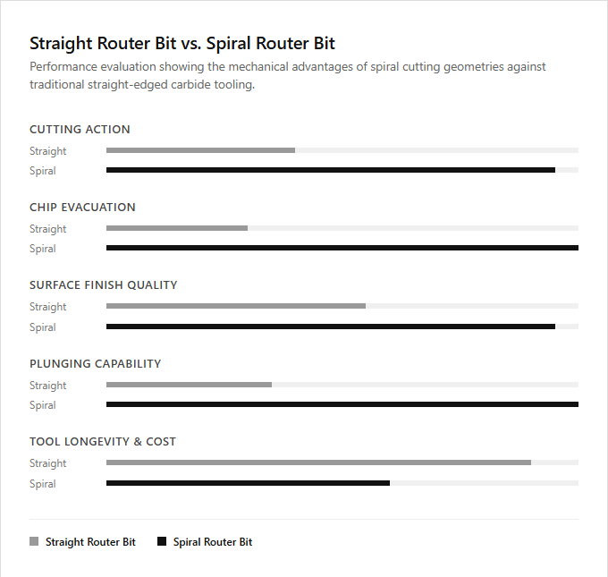Infographic comparison Straight Router Bit vs Spiral Router Bit of Router power tool