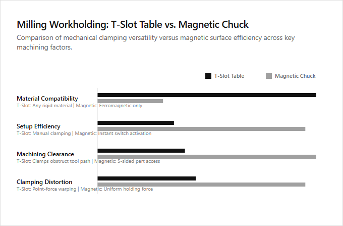 Infographic comparison T Slot Table vs Magnetic Chuck of Milling Machine power tool