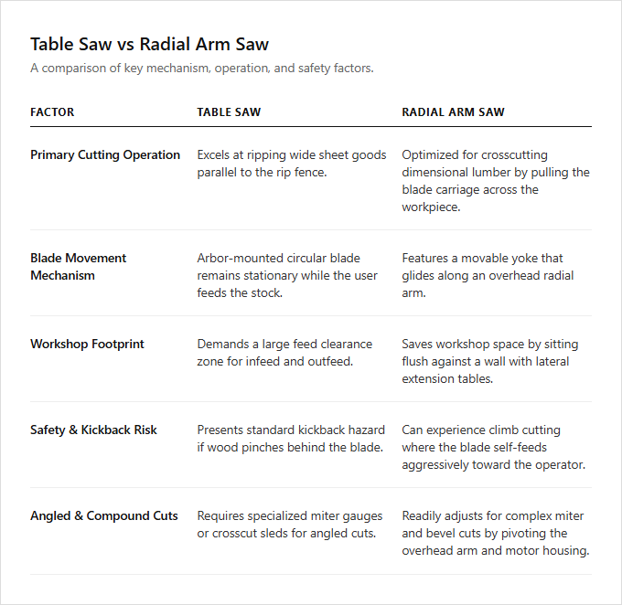 Infographic comparison Table Saw vs Radial Arm Saw of Saw power tool