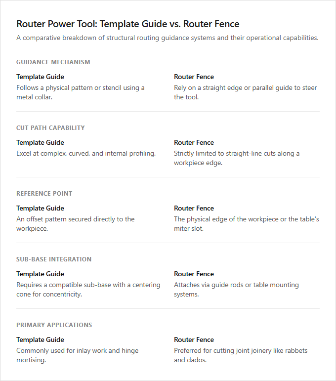 Infographic comparison Template Guide vs Router Fence of Router power tool