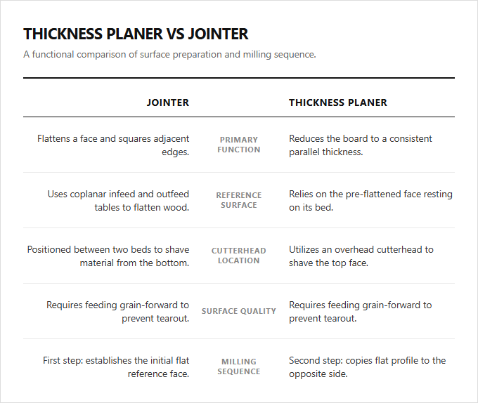 Infographic comparison Thickness Planer vs Jointer of Planer power tool