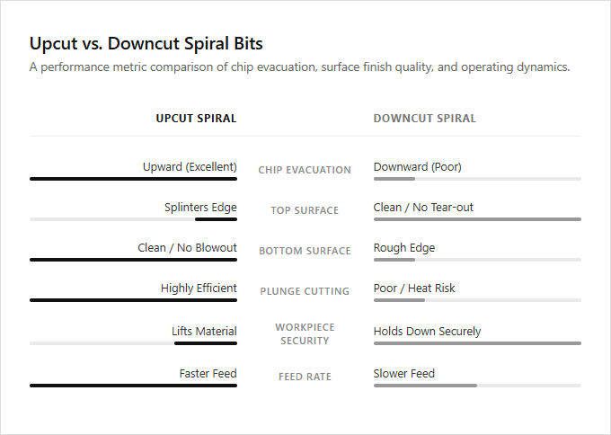 Infographic comparison Upcut Spiral Bit vs Downcut Spiral Bit of Router power tool