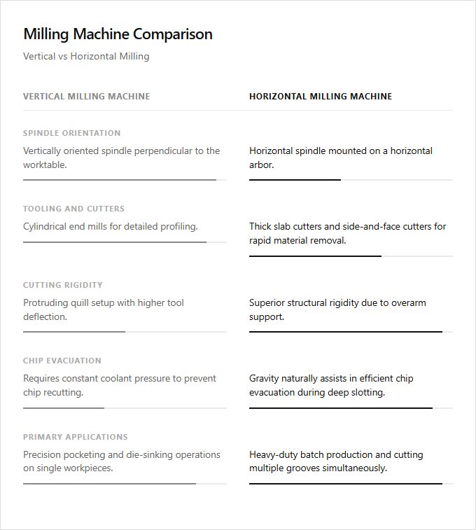 Infographic comparison Vertical Milling Machine vs Horizontal Milling Machine of Milling Machine power tool