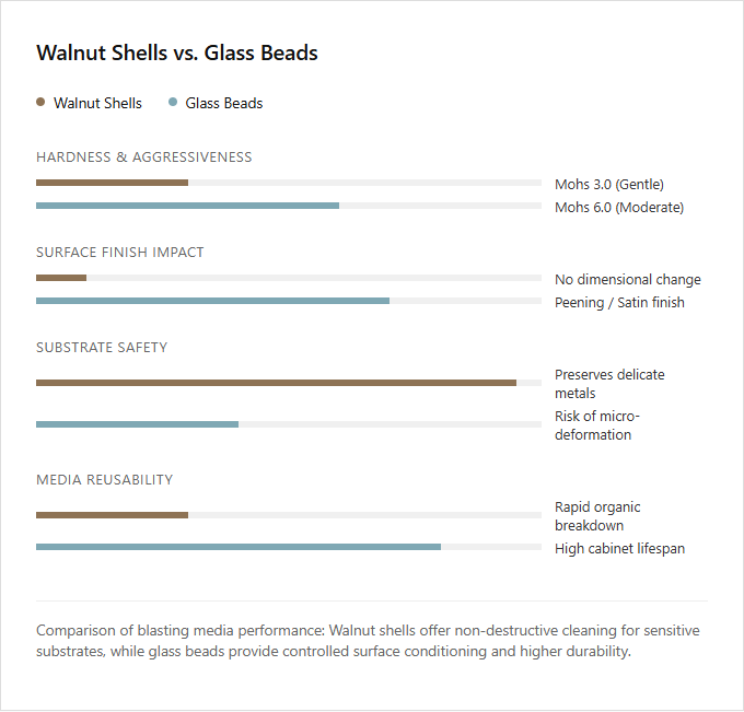 Infographic comparison Walnut Shells vs Glass Beads of Sand Blaster power tool