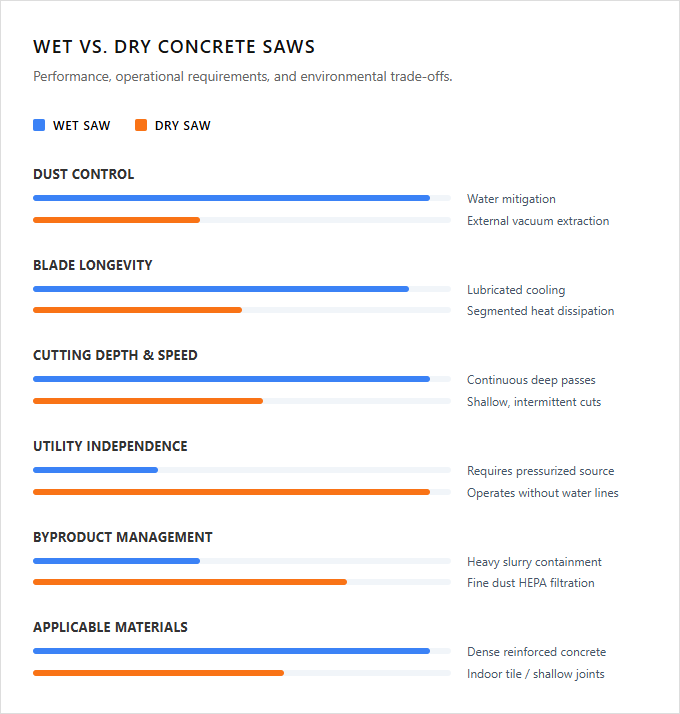 Infographic comparison Wet Concrete Saw vs Dry Concrete Saw of Concrete Tool power tool