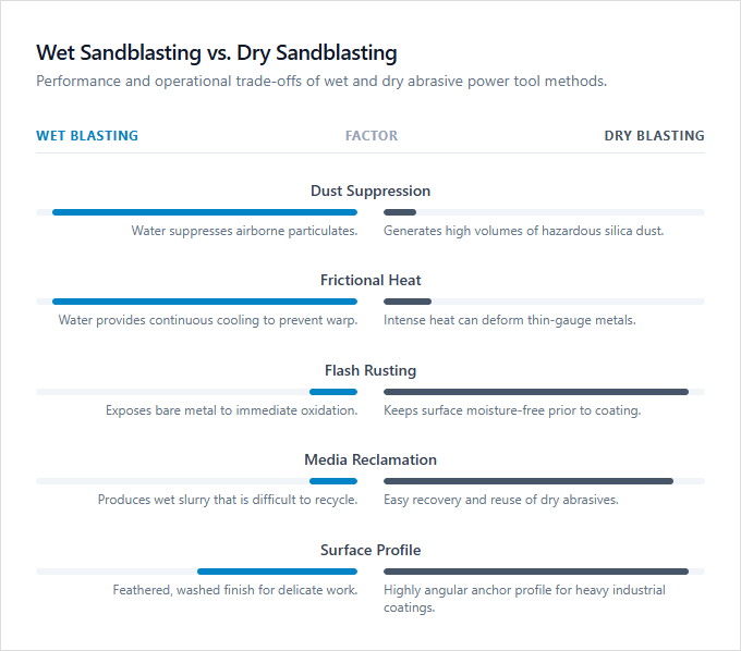 Infographic comparison Wet Sandblasting vs Dry Sandblasting of Sand Blaster power tool