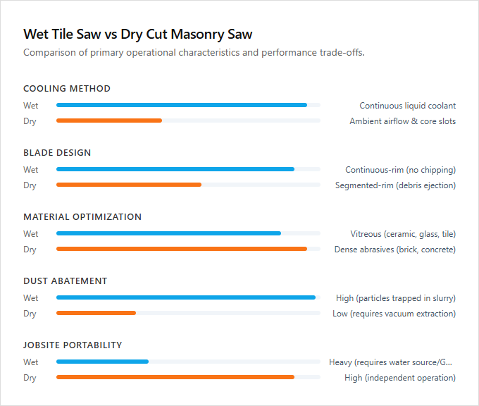 Infographic comparison Wet Tile Saw vs Dry Cut Masonry Saw of Saw power tool