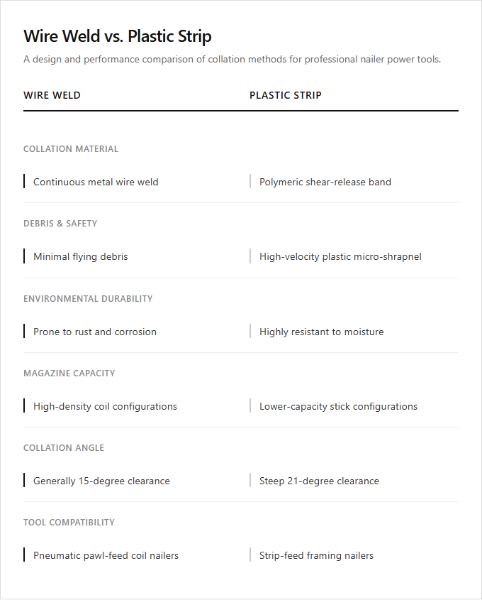 Infographic comparison Wire Weld vs Plastic Strip of Nailer power tool