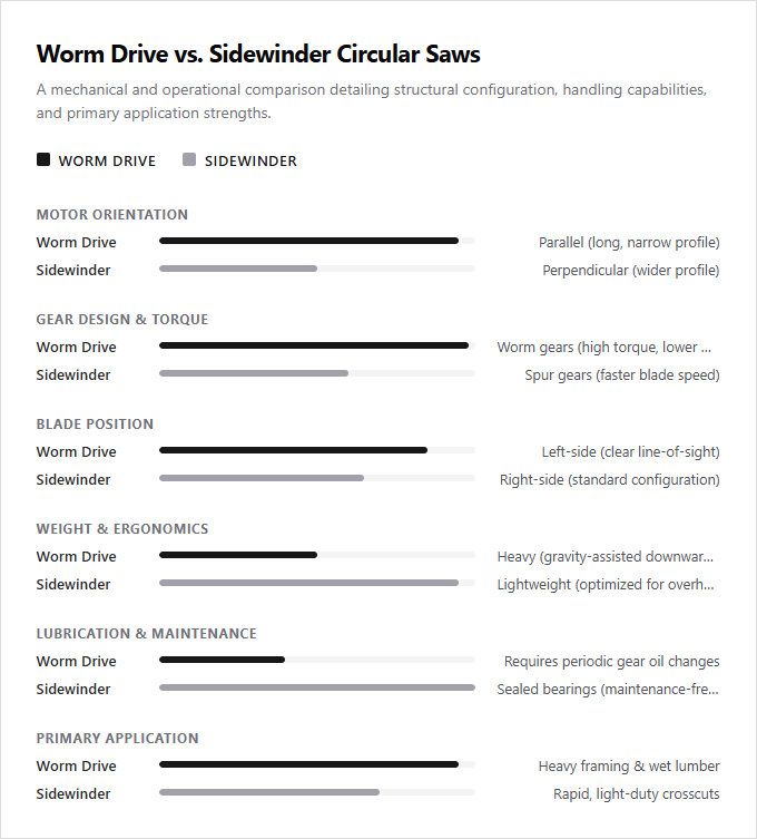 Infographic comparison Worm Drive vs Sidewinder Circular Saw of Saw power tool
